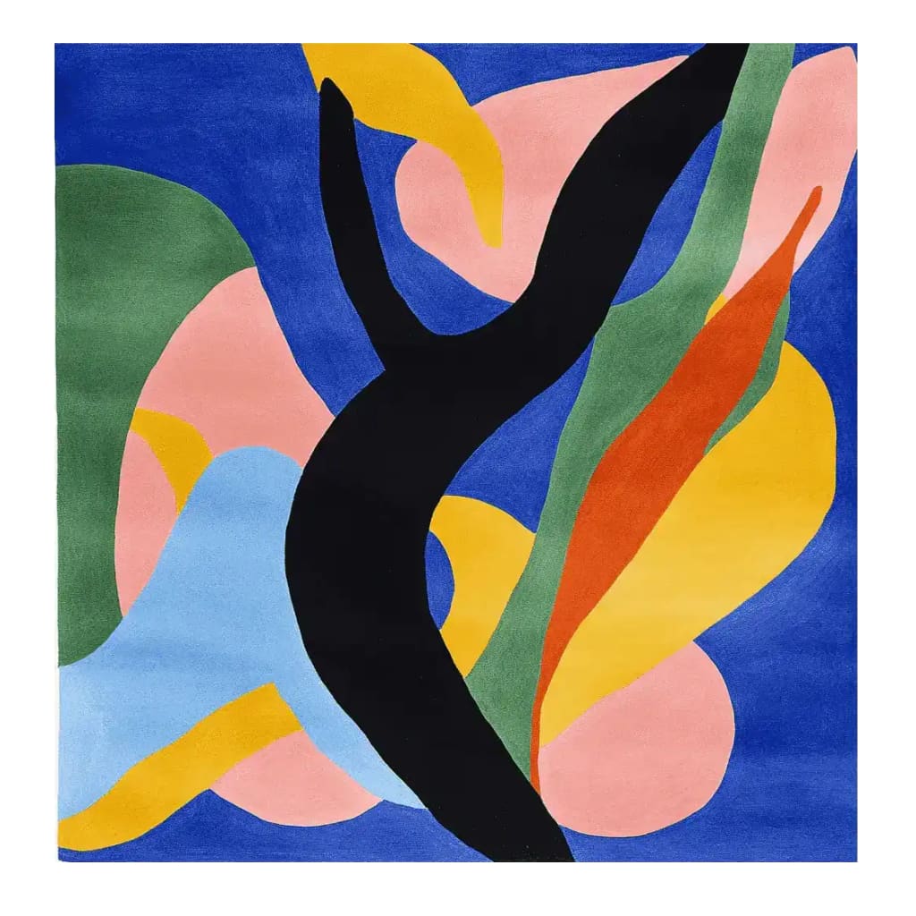 This vibrant area rug features a dynamic abstract design with bold colors, making it a striking wool rug for any contemporary living space. The large living room rug showcases a mix of blue, yellow, pink, and green hues in a silhouette splash pattern, perfect for adding a modern touch to your home decor. Its square shape makes it an ideal square area rug for enhancing the aesthetics of your living room.