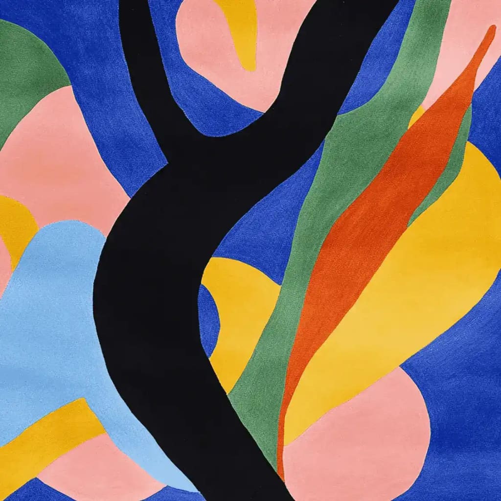 A vibrant area rug featuring an abstract design with bold black curves and colorful shapes in blue, green, orange, yellow, and pink. This wool rug is perfect for large living rooms, offering a contemporary touch to any space. Its square shape makes it an ideal square area rug for modern interiors.