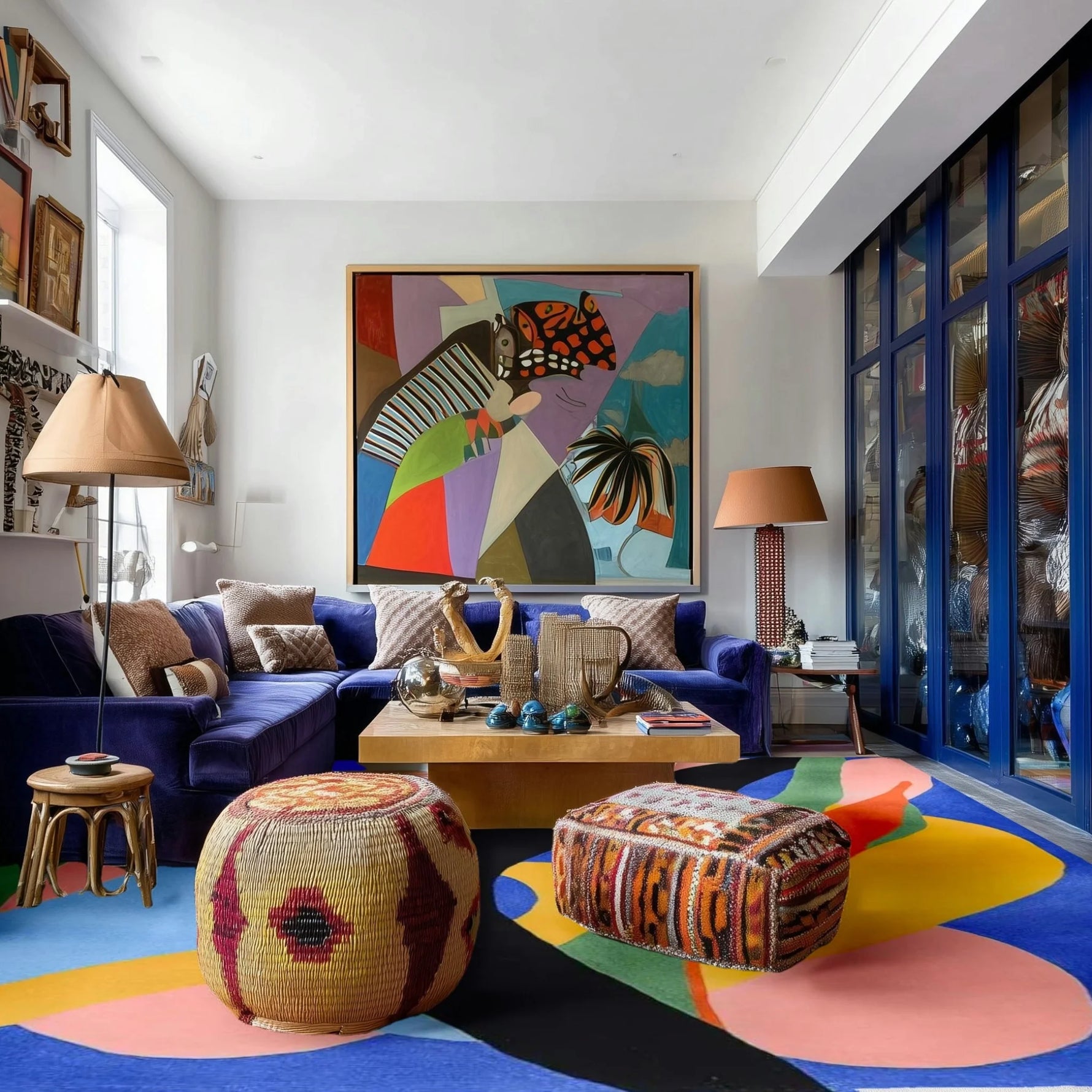 Modern living room with colorful decor, abstract rug, and patterned ottomans.