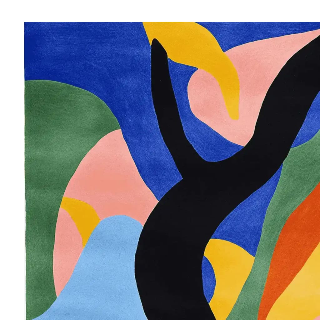 Vibrant abstract design on a hand tufted wool area rug, perfect for large living rooms. This square contemporary rug features bold splashes of blue, green, pink, yellow, and black, creating a striking visual centerpiece.