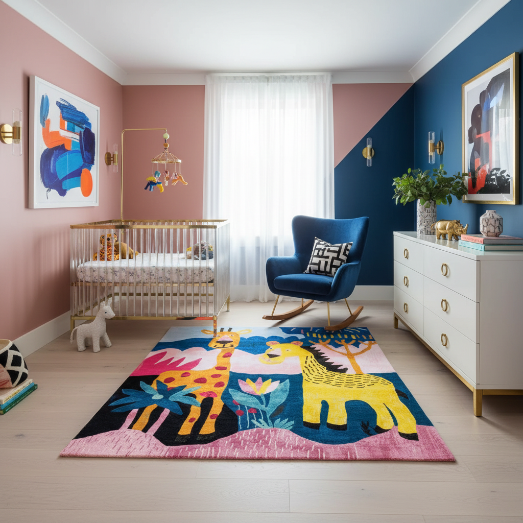 Children's room with colorful rug, crib, and furniture.