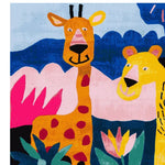 A vibrant and playful area rug featuring whimsical illustrations of a giraffe and a lion, set against a backdrop of colorful abstract shapes. This wool rug is perfect as a large living room rug, adding a touch of fun and charm to any space. Ideal as a square area rug, it brings a unique and lively element to your home decor.