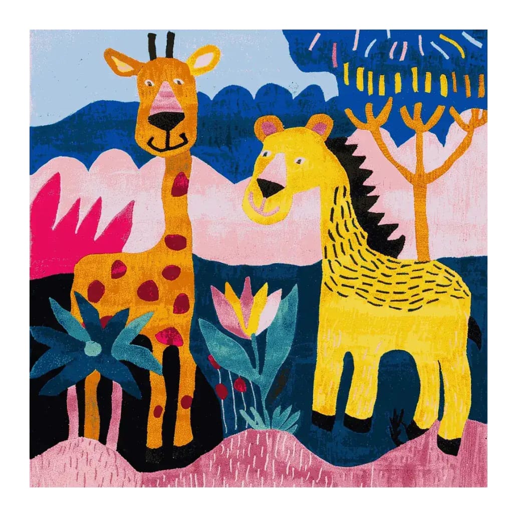 A vibrant and playful area rug featuring a hand-tufted design with whimsical animal characters, perfect for large living rooms. This wool rug showcases a colorful giraffe and lion against a lively backdrop with abstract trees and plants, making it an ideal square area rug for adding charm to any space.