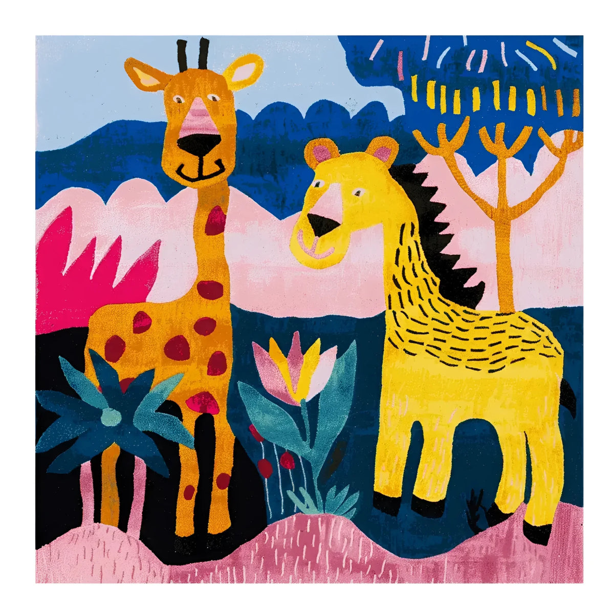 A vibrant and playful area rug featuring a hand-tufted design with whimsical animal characters, perfect for large living rooms. This wool rug showcases a colorful giraffe and lion against a lively backdrop with abstract trees and plants, making it an ideal square area rug for adding charm to any space.