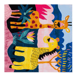 A vibrant, Wild & Whimsical Hand Tufted square area rug featuring an abstract design with colorful animal motifs, perfect for a large living room. This wool rug showcases a playful giraffe and lion in a lush landscape, offering a lively touch to any space.