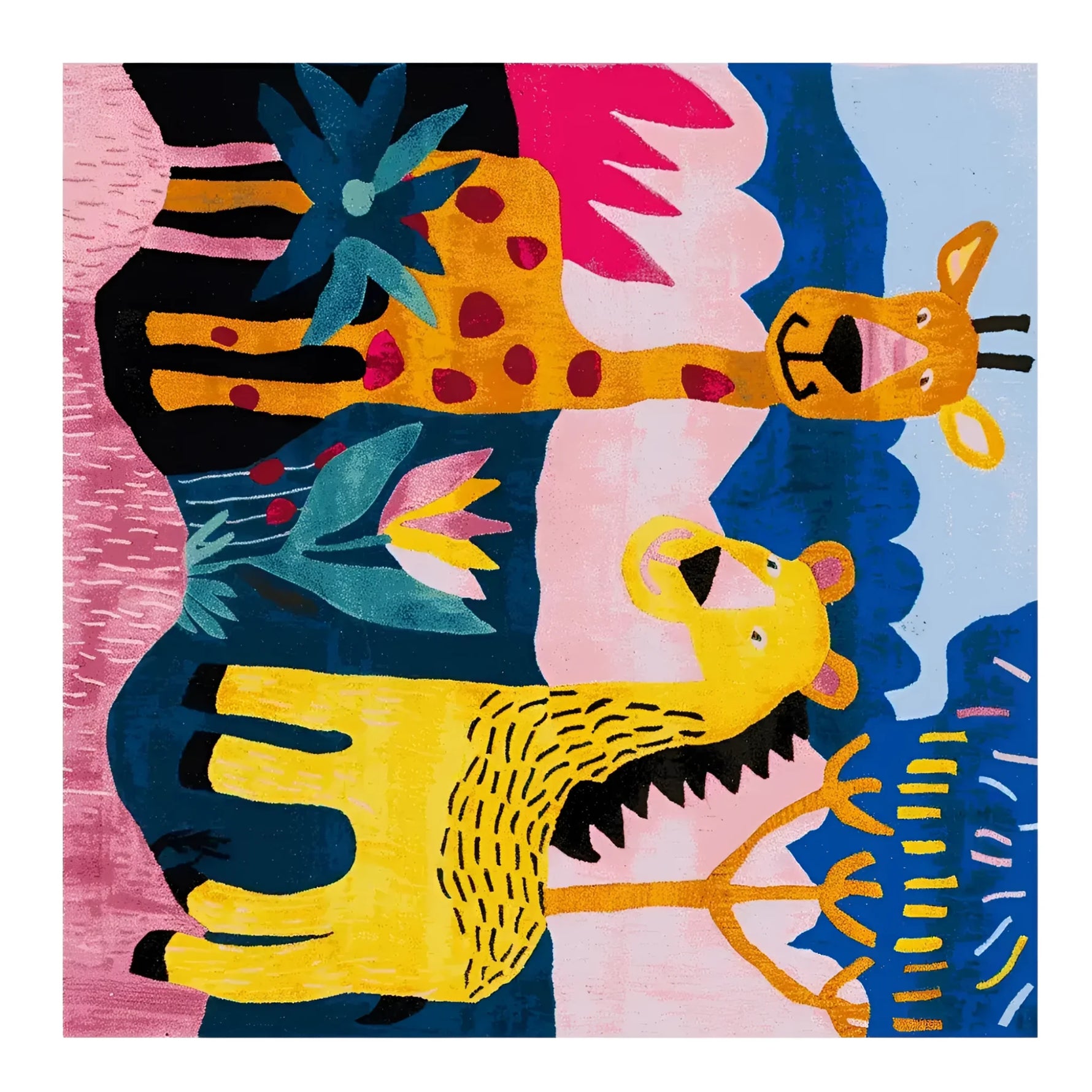 A vibrant, Wild & Whimsical Hand Tufted square area rug featuring an abstract design with colorful animal motifs, perfect for a large living room. This wool rug showcases a playful giraffe and lion in a lush landscape, offering a lively touch to any space.
