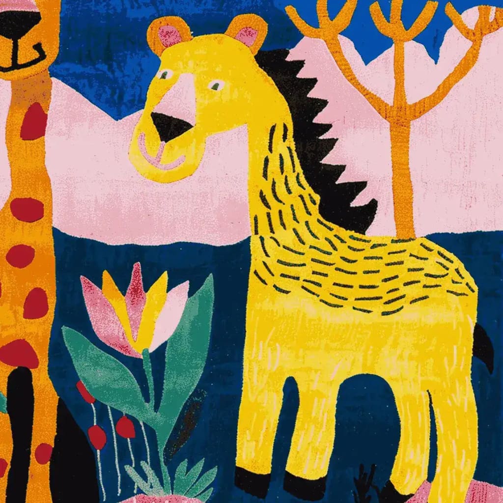 A vibrant and whimsical hand-tufted area rug featuring an abstract, playful design with a yellow lion and colorful flora set against a bold backdrop. This wool rug adds charm to large living rooms, ideal as a square area rug for a lively aesthetic.