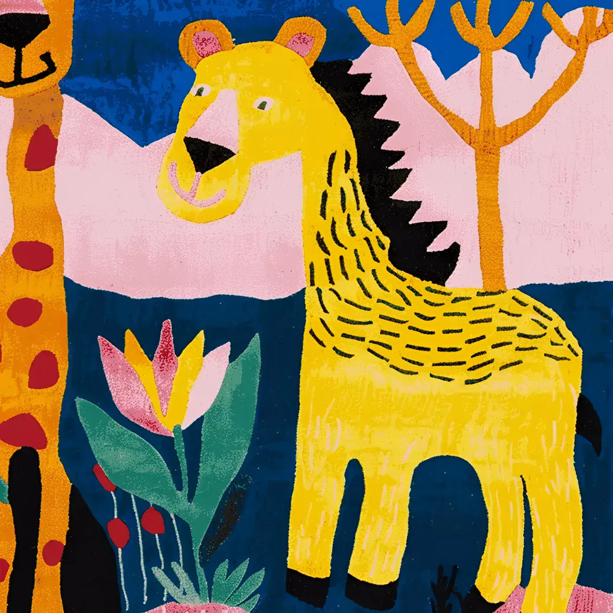 A vibrant and whimsical hand-tufted area rug featuring an abstract, playful design with a yellow lion and colorful flora set against a bold backdrop. This wool rug adds charm to large living rooms, ideal as a square area rug for a lively aesthetic.