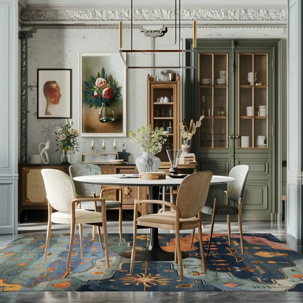 This image showcases a beautifully styled living room featuring a Wilderness Dreamscape Hand Knotted Area Rug with a vintage Persian design. The rug adds a splash of color and elegance beneath a round dining table surrounded by modern chairs, creating a perfect blend of contemporary and classic décor.