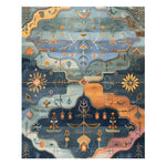 Top view of the Wilderness Dreamscape Hand Knotted Area Rug, showcasing an abstract vintage design with intricate patterns in shades of blue, orange, and green. Perfect for adding a touch of elegance to your living room, this Persian-inspired rug combines traditional artistry with a modern twist.
