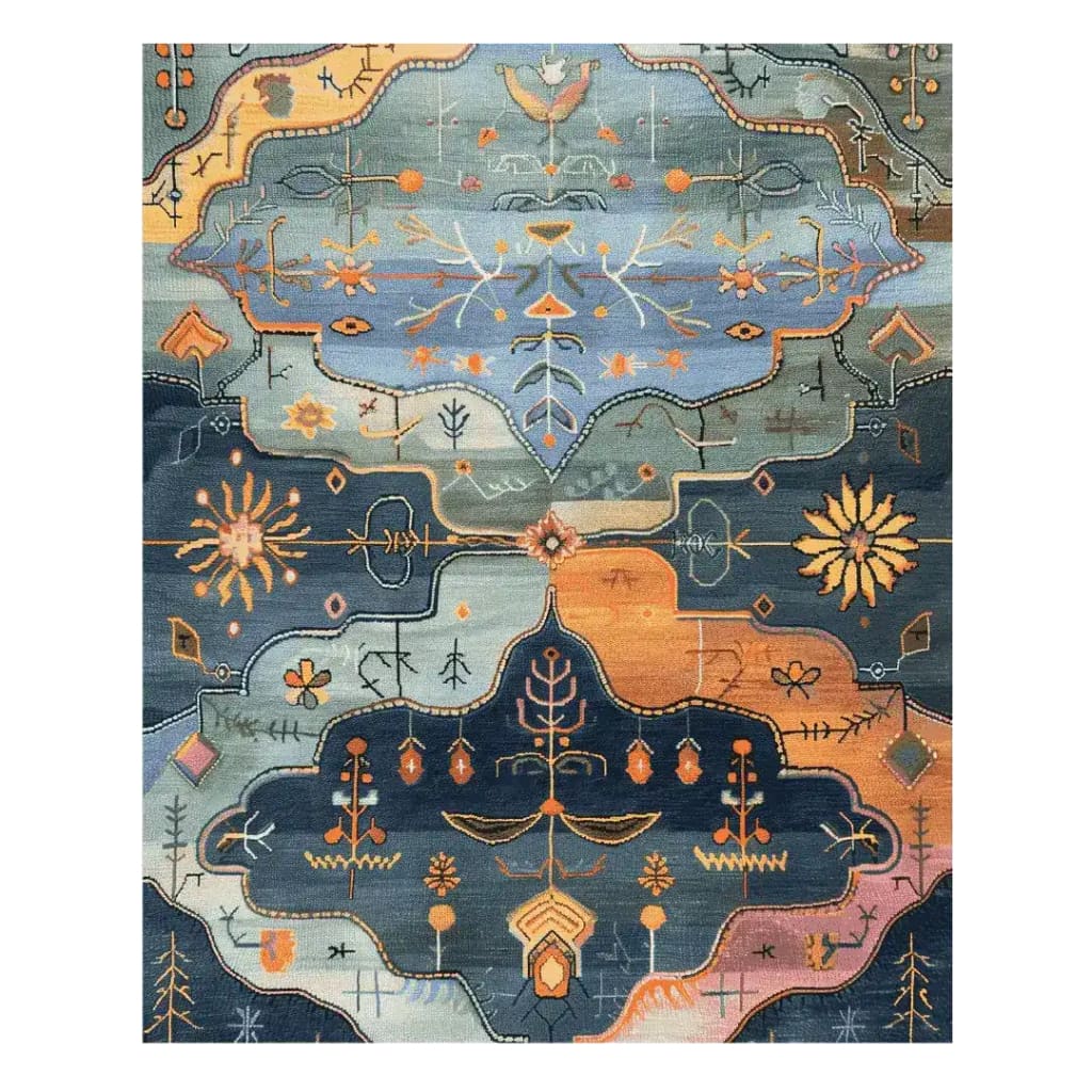 Top view of the Wilderness Dreamscape Hand Knotted Area Rug, showcasing an abstract vintage design with intricate patterns in shades of blue, orange, and green. Perfect for adding a touch of elegance to your living room, this Persian-inspired rug combines traditional artistry with a modern twist.