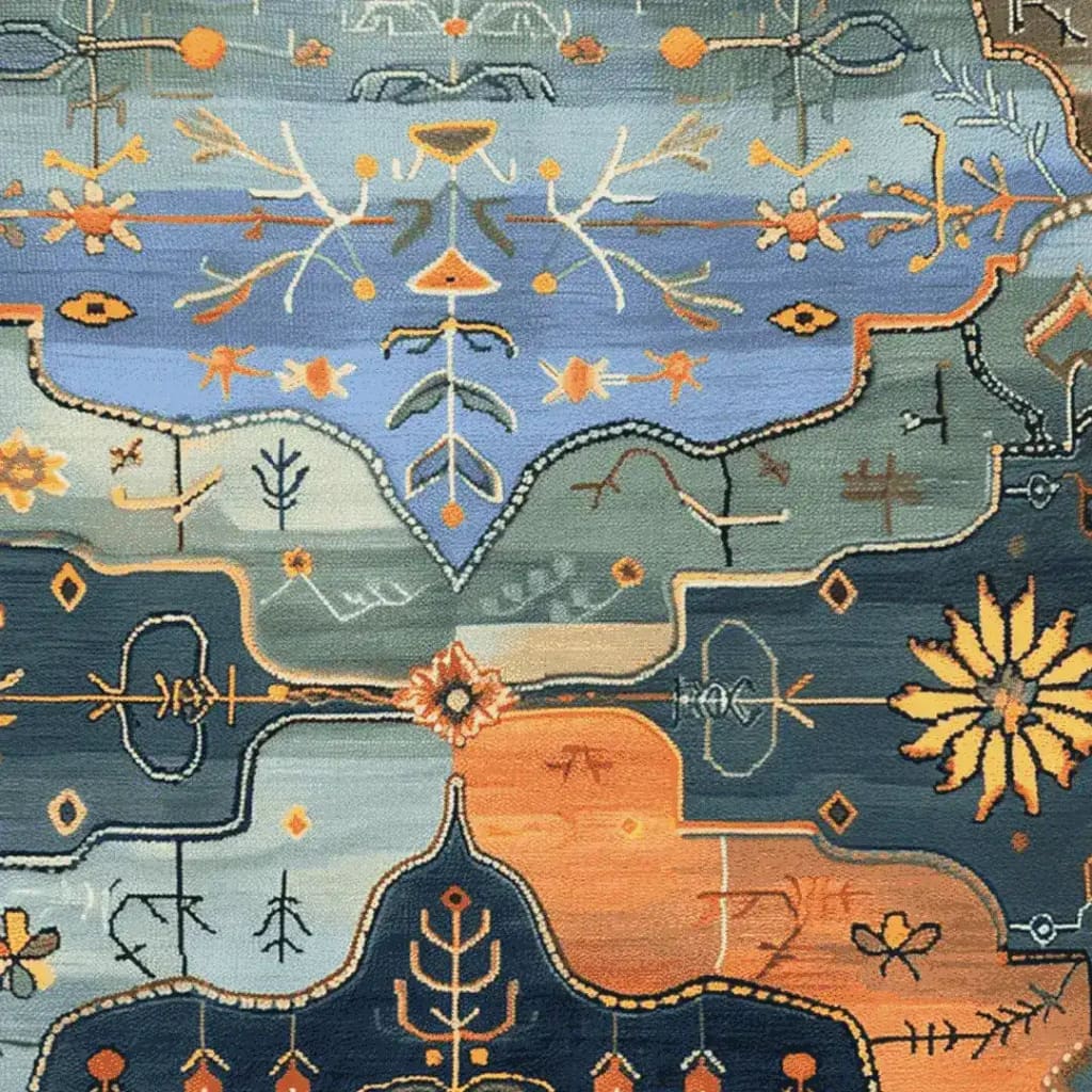 A vibrant Wilderness Dreamscape Hand Knotted Area Rug featuring an abstract design with floral and geometric patterns in shades of blue, orange, and gray. This vintage rug adds a unique touch to rugs for living room, reminiscent of Persian rugs with a modern twist.