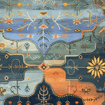 A vibrant Wilderness Dreamscape Hand Knotted Area Rug featuring an abstract design with floral and geometric patterns in shades of blue, orange, and gray. This vintage rug adds a unique touch to rugs for living room, reminiscent of Persian rugs with a modern twist.