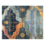 This vibrant area rug titled 'Wilderness Dreamscape Hand Knotted Rug' showcases an abstract design with rich hues of blue, orange, and teal. Perfect for enhancing rugs for living room, this vintage rug draws inspiration from Persian rugs, featuring intricate patterns and floral motifs. The top-down view highlights its unique artistic style, making it a standout piece in any home decor.