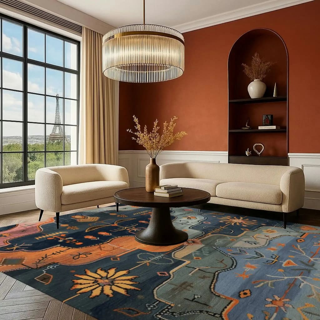 Stylish living room featuring the Wilderness Dreamscape Hand Knotted Area Rug. This vintage-inspired Persian rug showcases vibrant abstract patterns, perfect for enhancing rugs for living room with a touch of elegance. The rich colors and intricate design make it a standout piece in this modern setting.