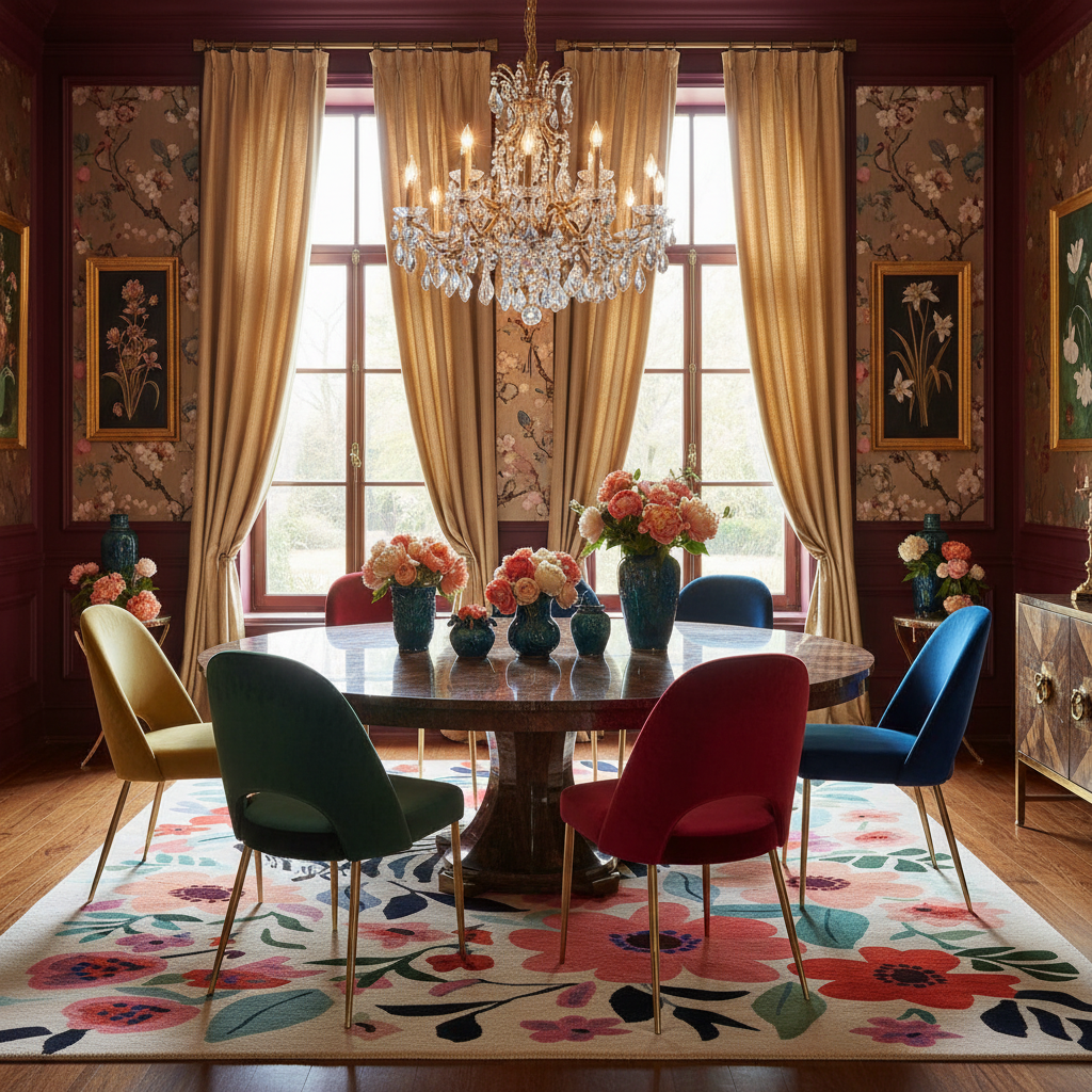 Dining room with a round table, colorful chairs, and floral rug.
