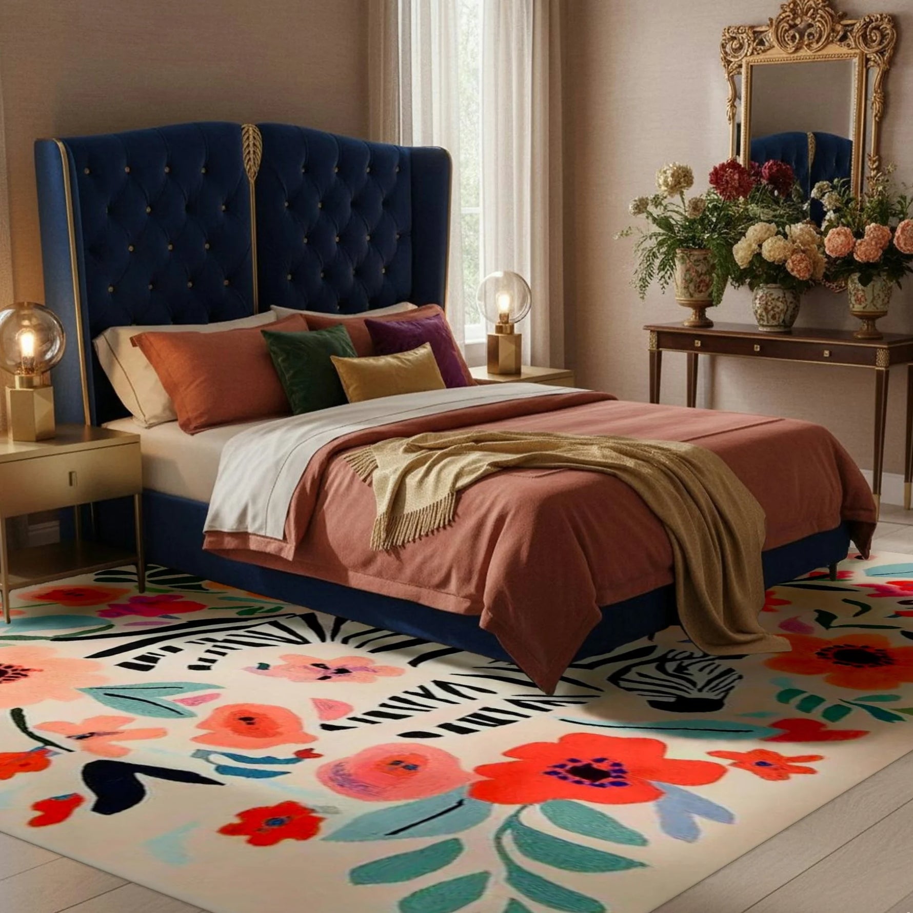 Decorative bedroom with a floral rug, colorful bedding, and a large mirror.