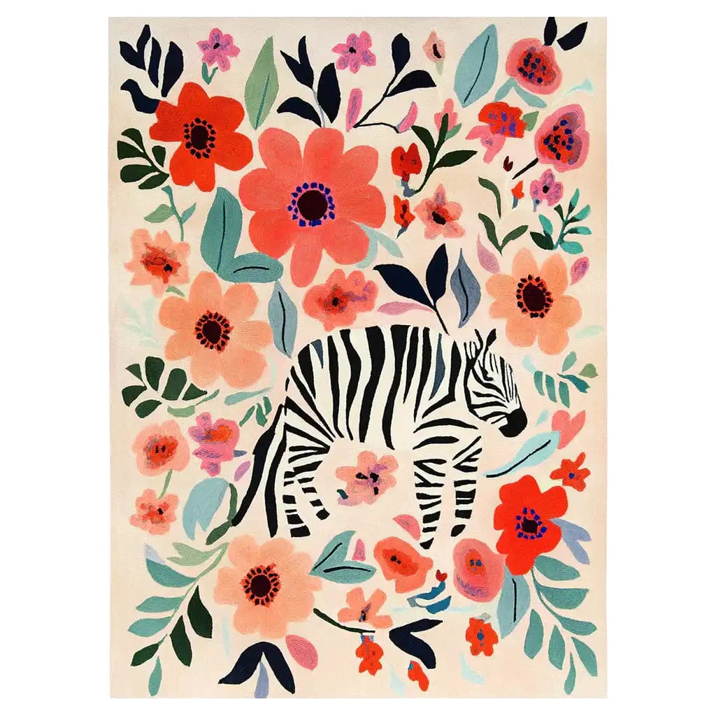 A vibrant Wildflower Serenade Hand Tufted Wool Rug featuring a striking abstract zebra design surrounded by colorful flowers. Perfect for adding a bold statement to any living room, this area rug measures 8x10 and is crafted from high-quality wool, making it both stylish and durable. Ideal for those seeking unique living room area rugs with a touch of nature-inspired art.