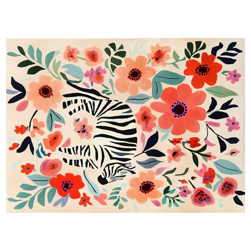 This vibrant area rug features a playful zebra design surrounded by colorful wildflowers, perfect for adding a splash of color to your living room. The hand-tufted wool rug offers a cozy texture in an 8x10 size, making it an ideal choice for living room area rugs.