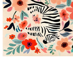 A vibrant hand-tufted wool area rug, perfect for living room spaces, featuring a playful zebra design surrounded by colorful wildflowers on a soft background. Ideal for those seeking an 8x10 living room area rug with a touch of whimsy and elegance.