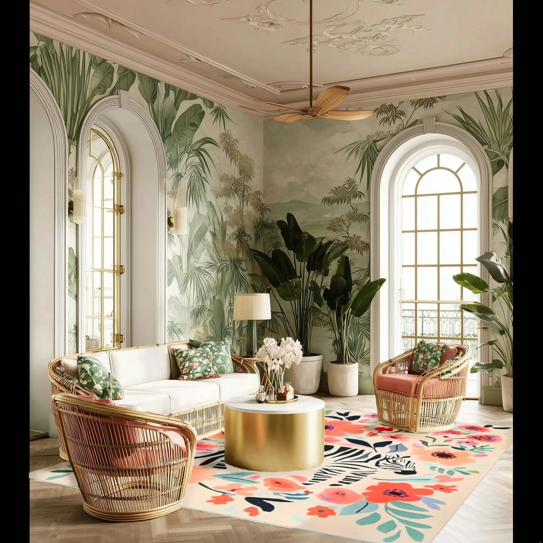Living room with tropical wallpaper, wicker furniture, and a colorful rug.