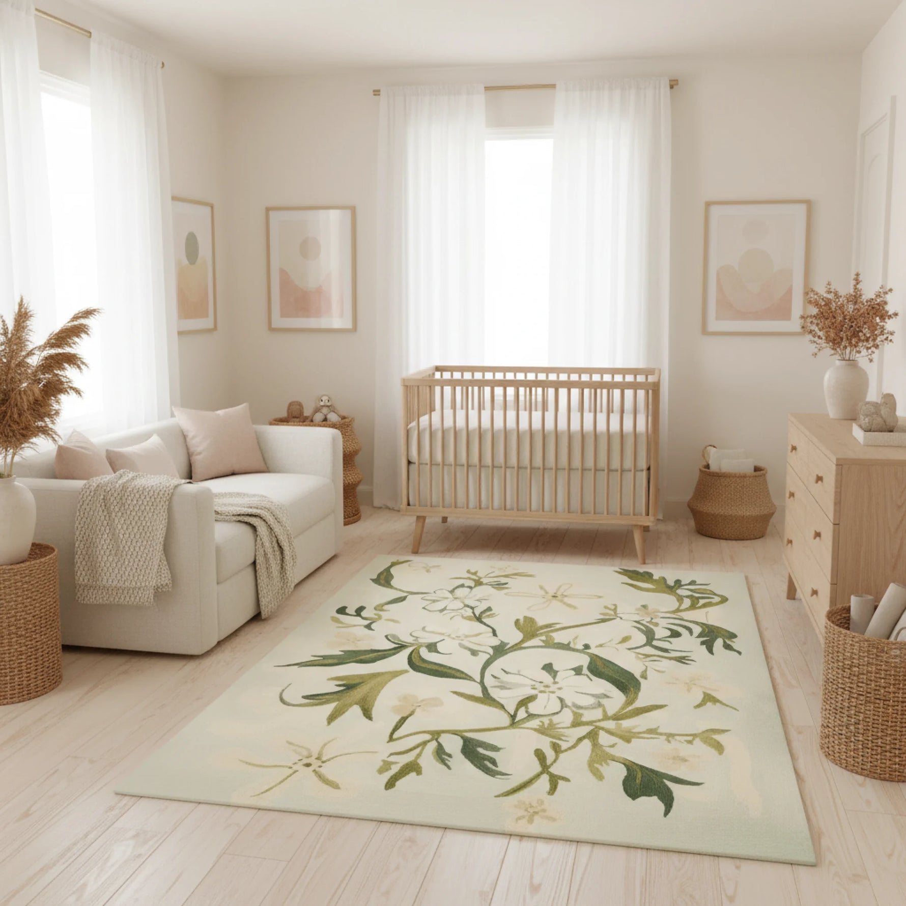 Nursery room with a crib, sofa, and decorative rug.