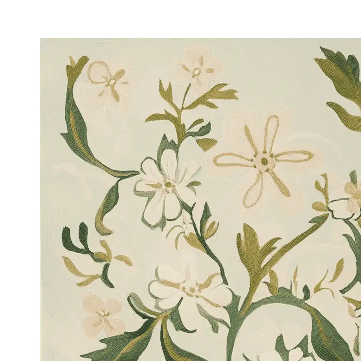 Close-up detail of the Wildflower Vine Dance Hand Tufted Area Rug, showcasing intricate floral patterns in soft greens and whites. This wool rug adds a touch of elegance to area rugs for living room, perfect for those seeking stylish living room area rugs.
