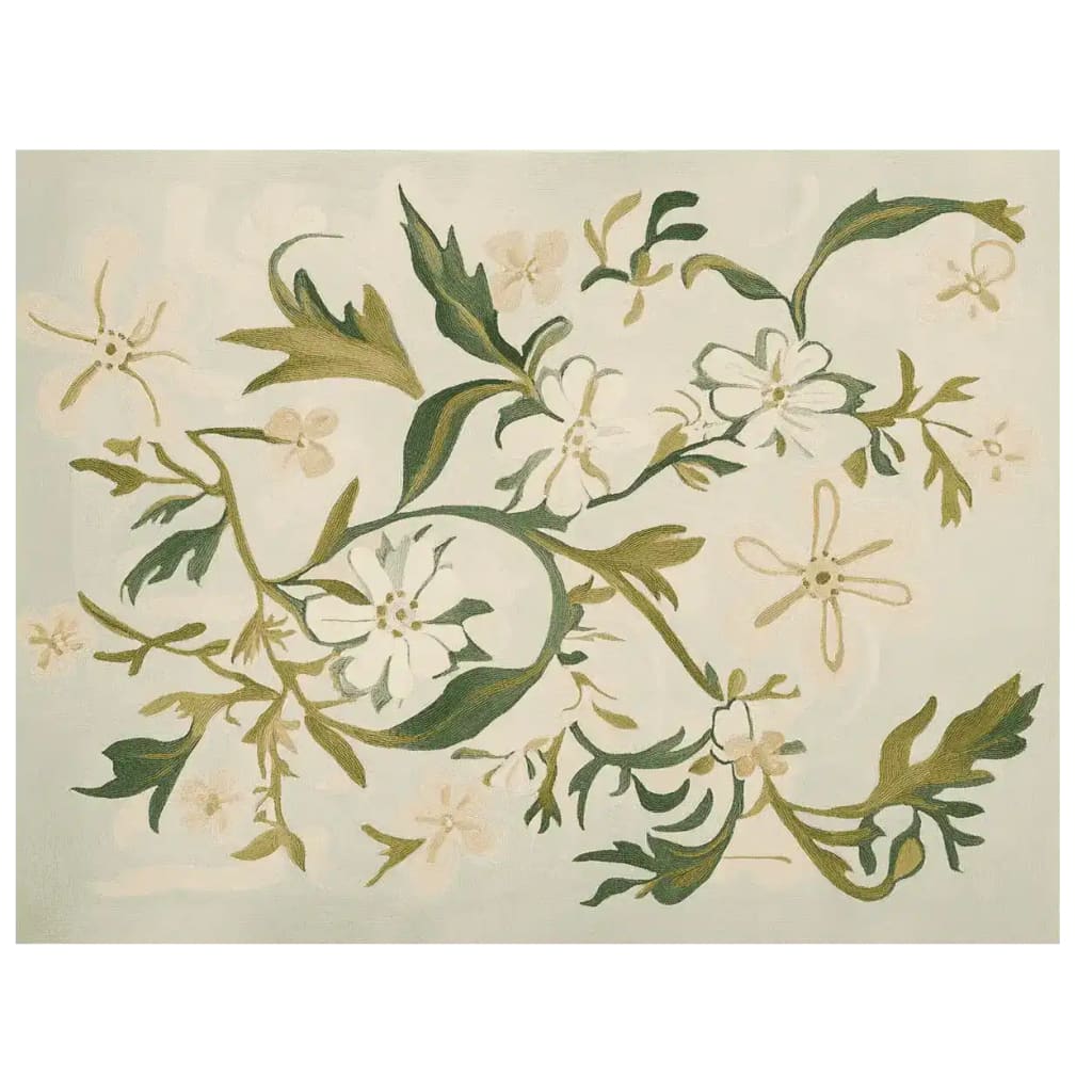 A beautifully designed area rug featuring a hand-tufted floral pattern with green vines and white wildflowers. Made of high-quality wool, this rug is perfect for adding a touch of elegance to living room spaces. Ideal for those seeking stylish and durable area rugs for living room decor.
