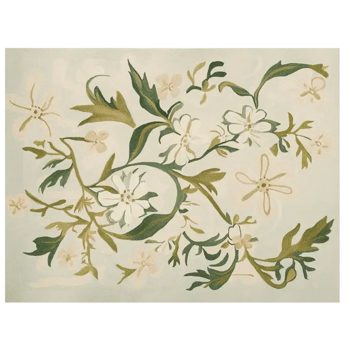 A beautifully designed area rug featuring a hand-tufted floral pattern with green vines and white wildflowers. Made of high-quality wool, this rug is perfect for adding a touch of elegance to living room spaces. Ideal for those seeking stylish and durable area rugs for living room decor.