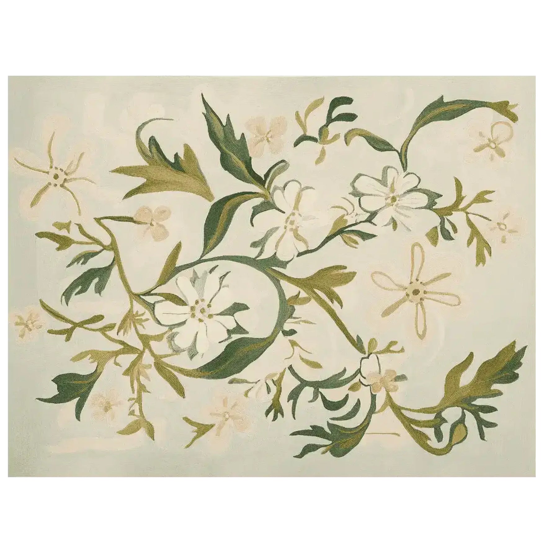 A beautifully designed area rug featuring a hand-tufted floral pattern with green vines and white wildflowers. Made of high-quality wool, this rug is perfect for adding a touch of elegance to living room spaces. Ideal for those seeking stylish and durable area rugs for living room decor.