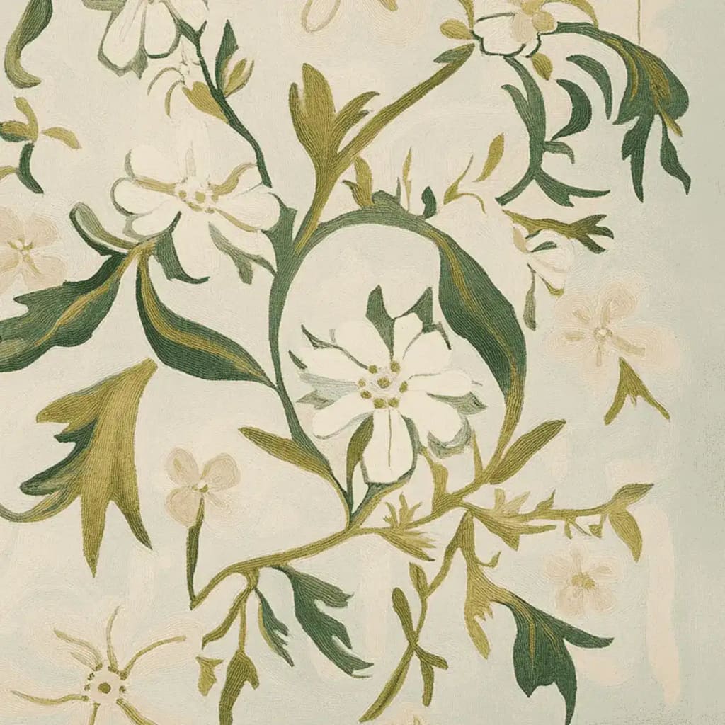Close-up detail of the Wildflower Vine Dance Hand Tufted Area Rug, featuring a beautiful floral and vine pattern in soft, earthy tones. This wool rug is perfect for adding a touch of elegance to living room area rugs.