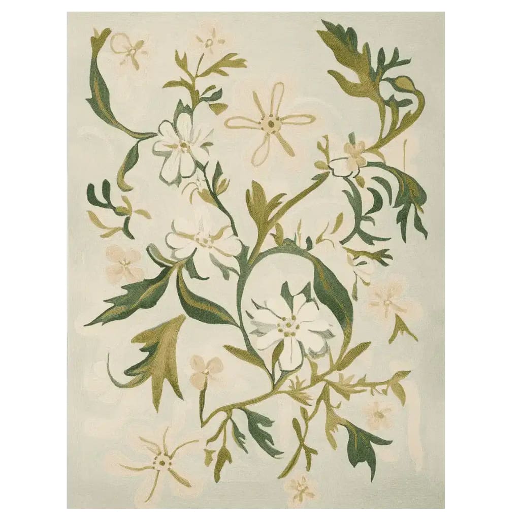 Beautifully crafted area rug with a hand-tufted design featuring elegant wildflower vines. This wool rug is perfect for adding a touch of nature to your living room. The intricate floral patterns in green and white make this one of the best area rugs for living room spaces.