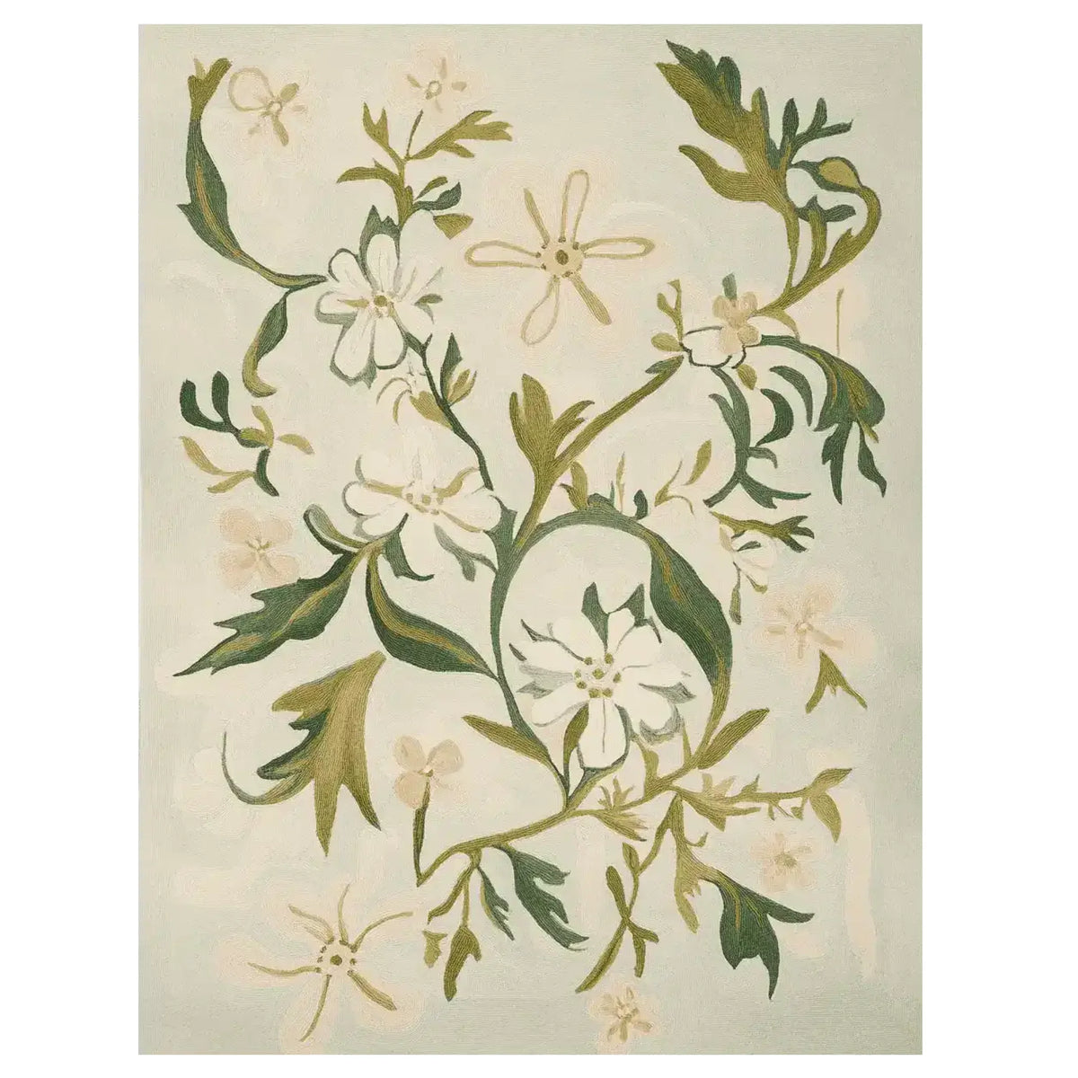 Beautifully crafted area rug with a hand-tufted design featuring elegant wildflower vines. This wool rug is perfect for adding a touch of nature to your living room. The intricate floral patterns in green and white make this one of the best area rugs for living room spaces.