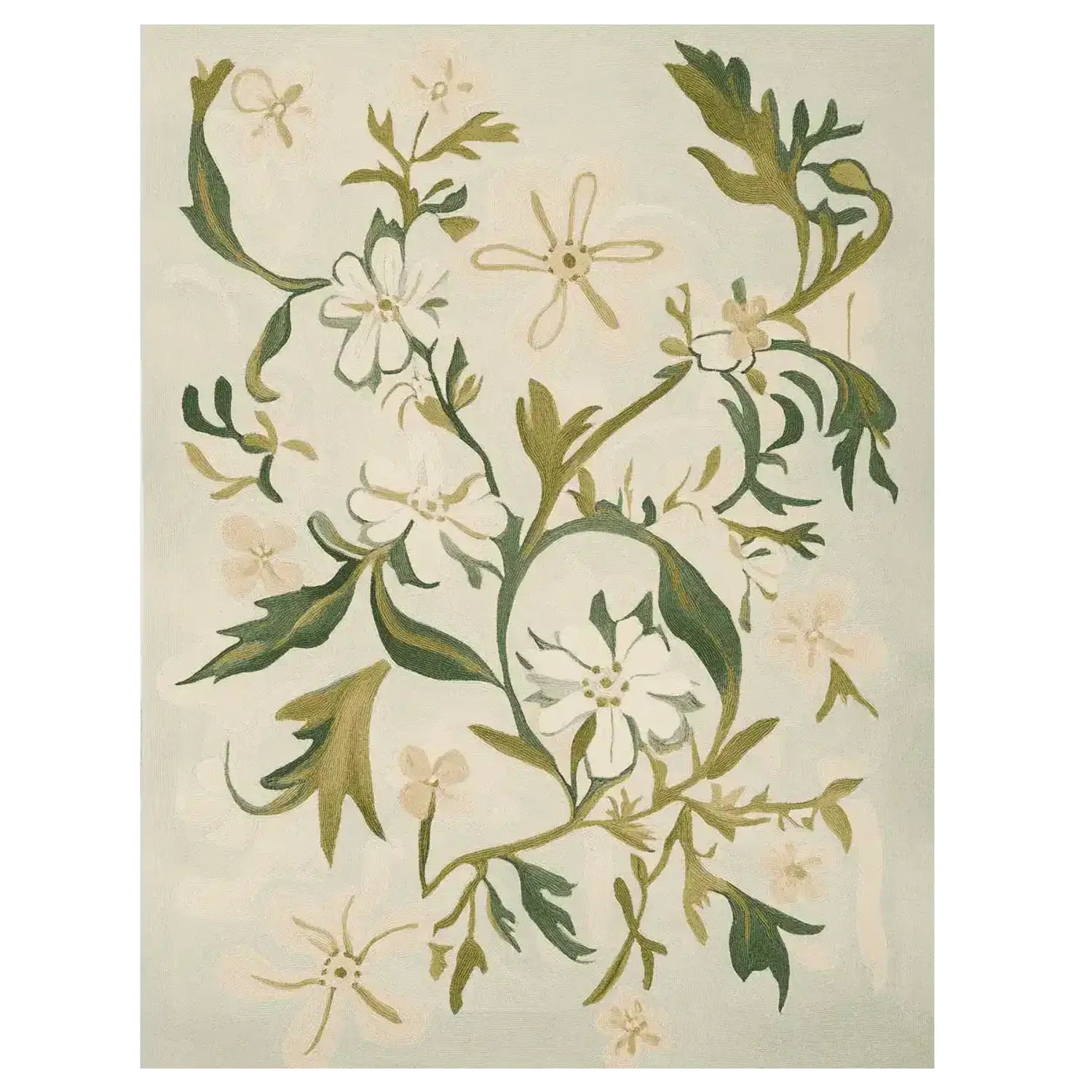 Beautifully crafted area rug with a hand-tufted design featuring elegant wildflower vines. This wool rug is perfect for adding a touch of nature to your living room. The intricate floral patterns in green and white make this one of the best area rugs for living room spaces.