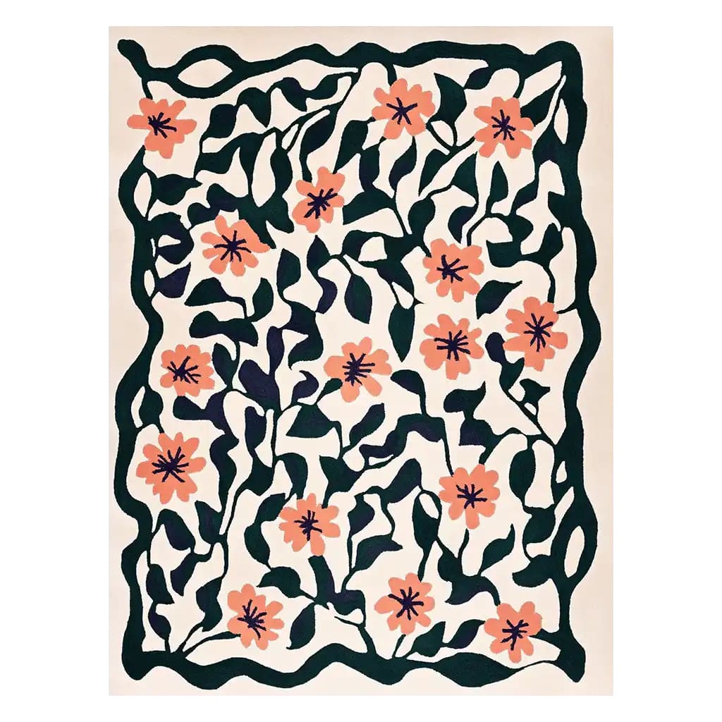 A beautifully crafted area rug showcasing a vibrant floral pattern with pink flowers and dark green vines, perfect for adding a touch of elegance to any living room. This hand-tufted wool rug is ideal for those seeking contemporary style in large living room rugs, available in an 8x10 size.