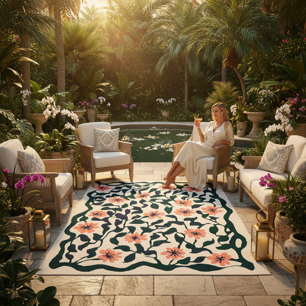 Woman sitting on a patio with a floral rug, chairs, and a pool in the background.