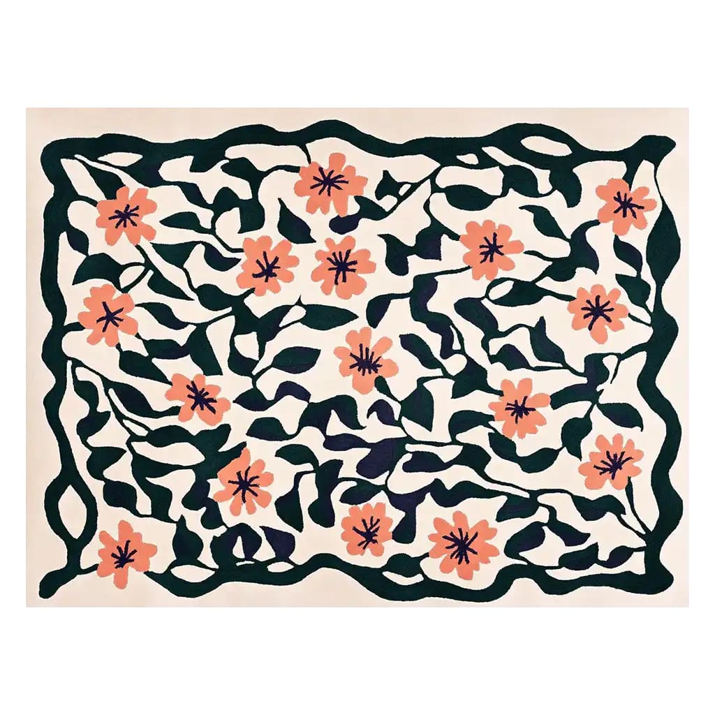 A beautiful hand-tufted wool area rug featuring a vibrant wildflower vine pattern. This contemporary rug is perfect for adding a touch of elegance to large living rooms. The 8x10 design showcases intricate floral motifs in shades of peach and green, creating a stunning visual appeal.