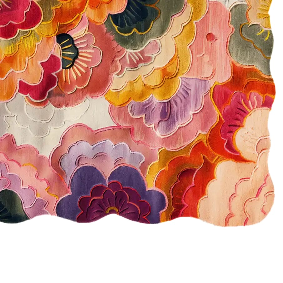 A vibrant Wildflower Waterfall Hand Tufted Wool Rug featuring an array of colorful floral patterns. This area rug adds a touch of nature to large living rooms, showcasing intricate details and a soft texture ideal for any inviting space.