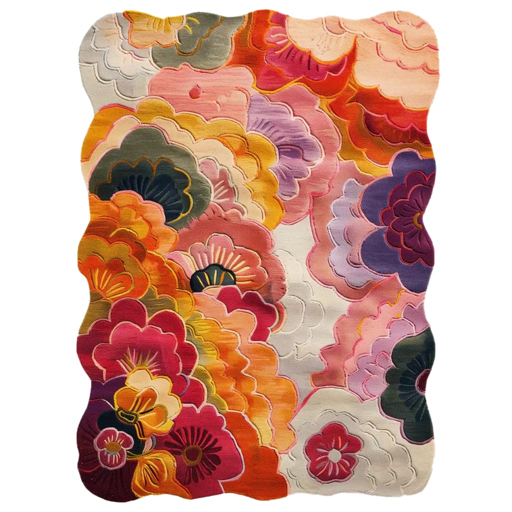 The Wildflower Waterfall Hand Tufted Wool Rug features a vibrant, floral design in rich shades of orange, pink, and purple. This large area rug is perfect for adding a touch of nature-inspired elegance to any living room space.