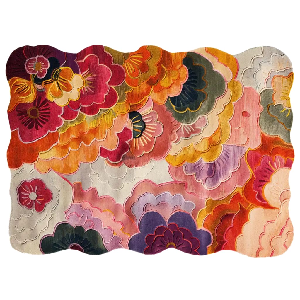 Vibrant and colorful area rug featuring a hand-tufted wool design with a striking floral pattern. Perfect for adding a splash of color to large living rooms, this floral rug showcases bold hues of red, orange, pink, and purple, creating a dynamic and inviting atmosphere.