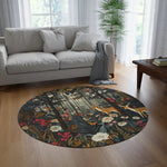 Wildlife and Floral Forest Round Rug in bright natural living room with light grey sofa, palm plant, and wooden coffee table on light wood floor