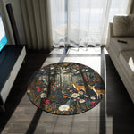 Wildlife and Floral Forest Round Rug in dark moody living room with TV stand and sofa, forest deer and floral design on grey carpet floor