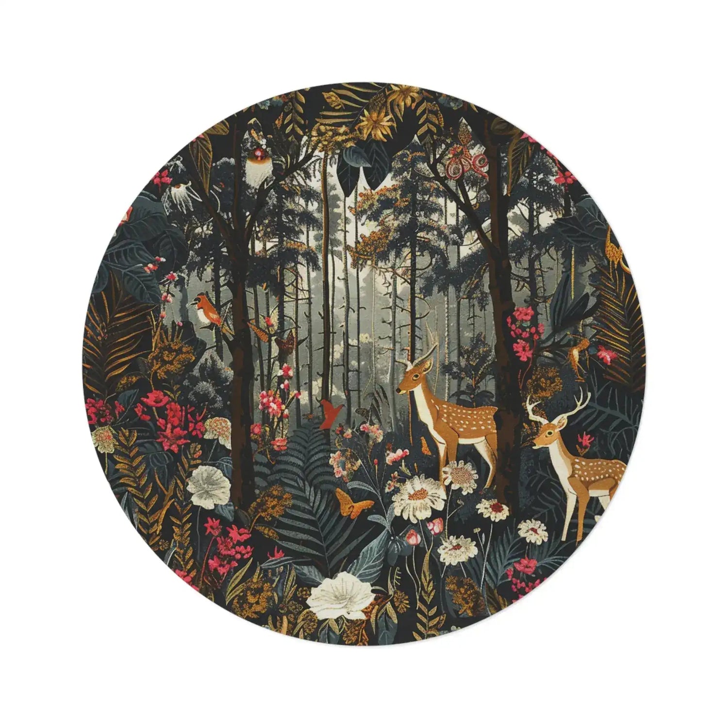 Wildlife and Floral Forest Round Rug with dark forest scene featuring deer, birds, butterflies, white peonies, ferns on white background