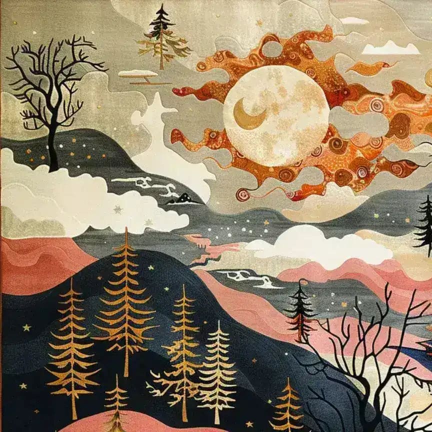 This square area rug, crafted from high-quality viscose, features a stunning abstract landscape design with whimsical trees, a vibrant sun, and rolling hills. Perfect for adding a touch of elegance to your living room or dining room, this wool rug combines artistry with functionality. Ideal as a focal point in formal dining room settings or as a unique dining room carpet.