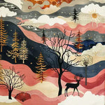 This stunning area rug features an abstract wildlife design with a serene landscape of trees, hills, and a silhouetted deer. The vivid colors and intricate details are perfect for enhancing the elegance of any living room or dining room. This square wool rug offers a unique touch, ideal for formal dining room settings or as dining room carpets.
