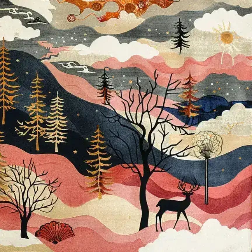 This stunning area rug features an abstract wildlife design with a serene landscape of trees, hills, and a silhouetted deer. The vivid colors and intricate details are perfect for enhancing the elegance of any living room or dining room. This square wool rug offers a unique touch, ideal for formal dining room settings or as dining room carpets.