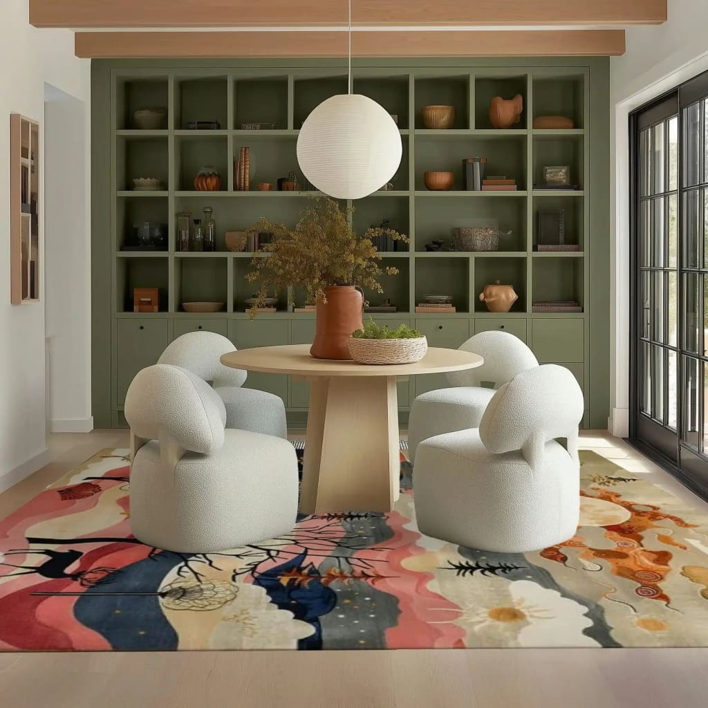 A beautifully designed square area rug featuring an abstract pattern with vibrant colors, perfect for a living room or formal dining room setting. The wool rug adds warmth and style, complementing the modern furniture and decor in the space. This square area rug is ideal for dining room carpets, enhancing the ambiance with its artistic design.