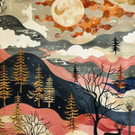 Vibrant square area rug featuring an abstract landscape design with a moonlit sky, colorful mountains, and silhouetted trees. Ideal for adding a touch of nature to the living room or as a formal dining room rug. This wool rug is perfect for enhancing the aesthetic of dining room carpets.