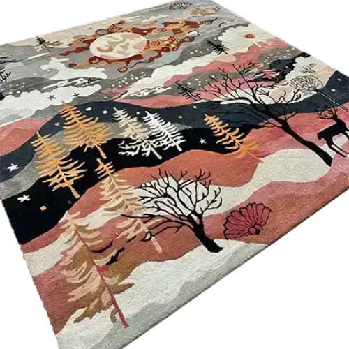 A vibrant square area rug featuring an abstract wildlife horizon design, perfect for a living or dining room. The rug showcases a colorful landscape with trees, mountains, and wildlife, crafted in viscose for a wool-like texture, making it an ideal addition to formal dining room settings.