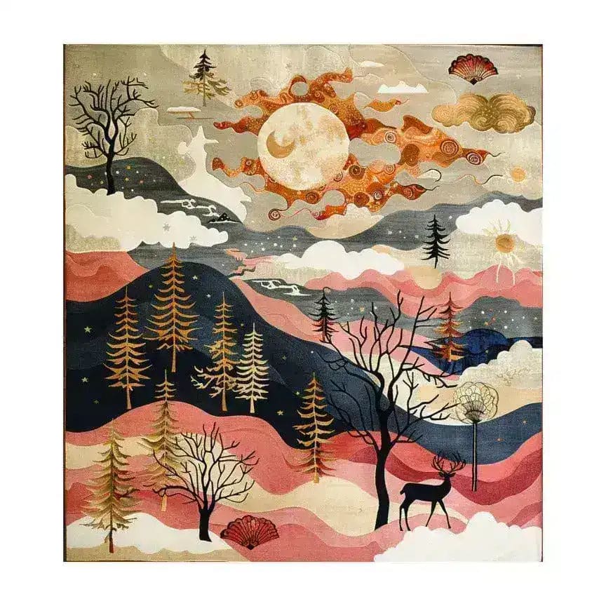 Vibrant square area rug featuring a whimsical wildlife scene with a large sun, abstract trees, and a deer in a dreamy landscape. Perfect for adding warmth and style to your living room or dining room. This wool rug combines artistic design with practicality, making it an ideal choice for formal dining room rugs or dining room carpets.